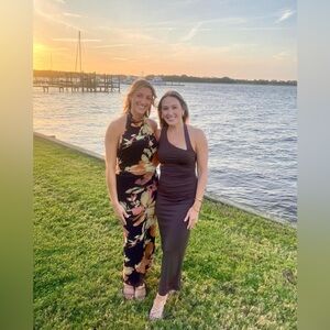 Brown floral wedding guest dress